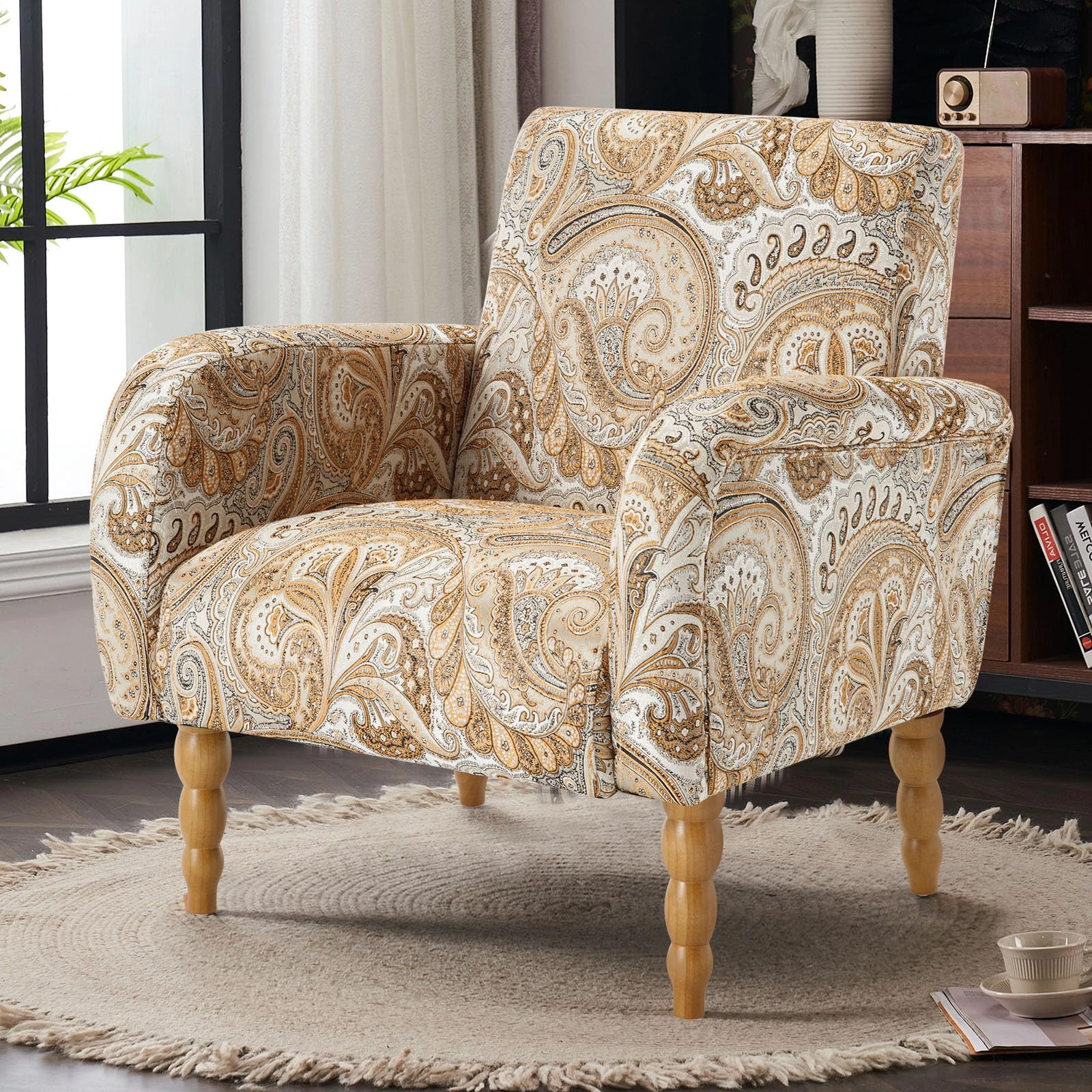 Bekrvio Polyester Blend Floral Fabric Armchair Upholstered Accent Chair with Solid Wood Legs, Living Room Tub Chairs, Comfy Single Sofa Reading Club for Bedroom Reception Lounge-Bohemian style