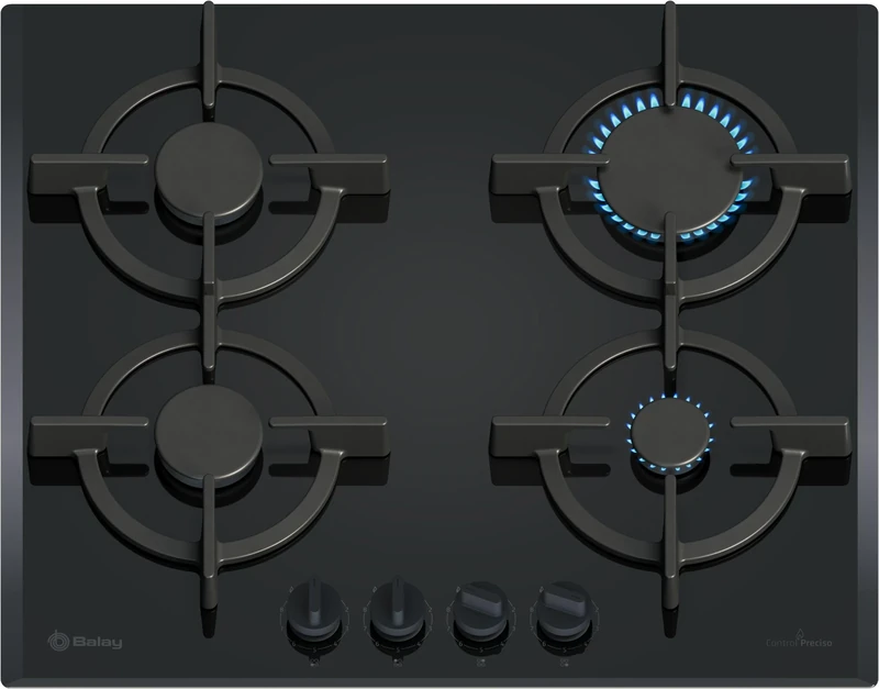 Balay 3ETG663RB Gas Hob, 60 cm Wide, 3 Cooking Zones, Removable Controls, Flame Control, Self-Ignition, GasStop, Black, 3ETG663RB