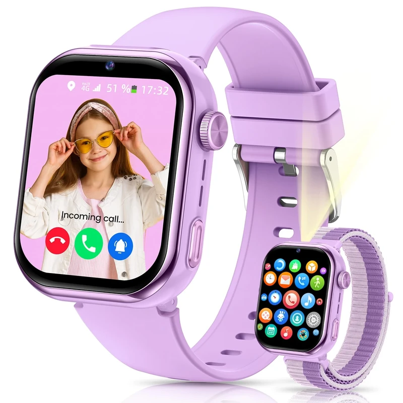 4G Children's Smartwatch IP68 Smartwatch with GPS, Dual Camera, Video Calls, Voice Chat, SOS, SMS School Mode, Pedometer, Smart Watch for Boys and Girls Purple
