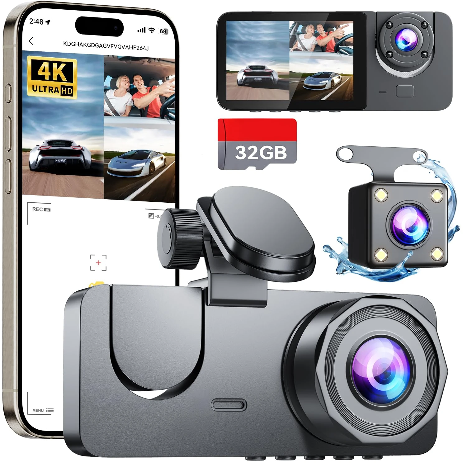 3 Channel Dash Cam Front and Rear, 4K HD Dash Camera Included 32GB SD Card, Dash Camera for Cars, Dashcam with Night Vision, G-Sensor, 24H Parking Mode, 170°Wide Angle, Loop Recording