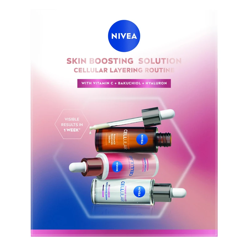 NIVEA Cellular Skin Boosting Solution Set, Face Care Set with Vitamin C Serum, Hyaluronic Serum & Bakuchiol Face Serum, for an Effective Lift Effect (3 x 30 ml)