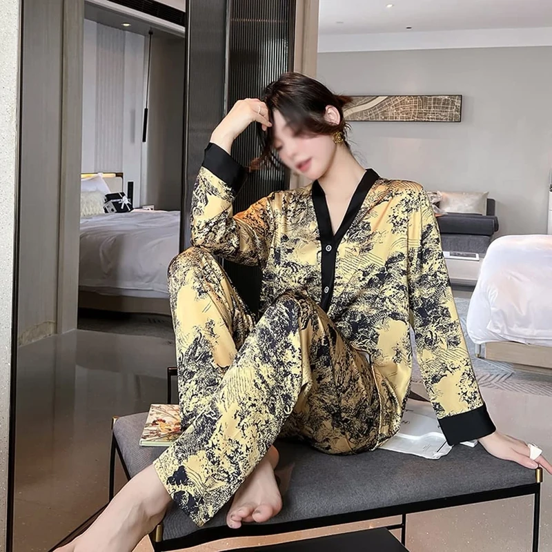 LJIANGD Soft Silk Printed Women's Pajamas - Spring & Autumn Set