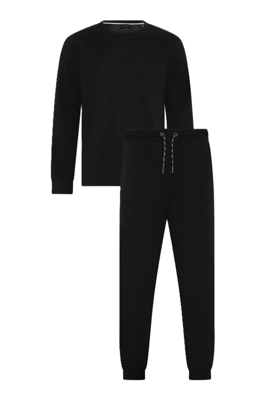 Ted Baker Men's Waffle Long Sleeve Shirt & Jogger Set Pajama, Black, XL