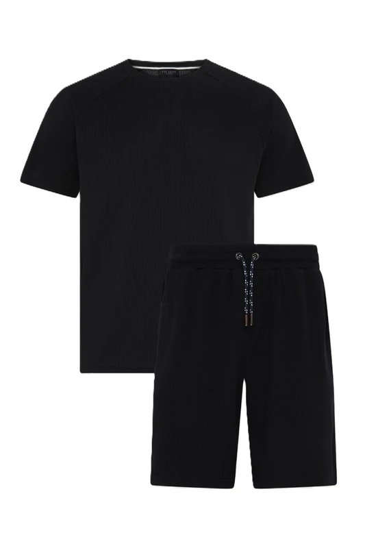 Ted Baker Men's Waffle T Shirt and Short Set Pajama, Black, M