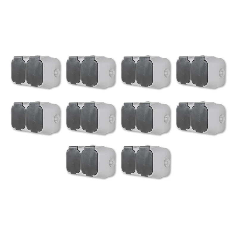 REV 10 x Double Socket for Wet Rooms, IP44, Surface Mount, Grey