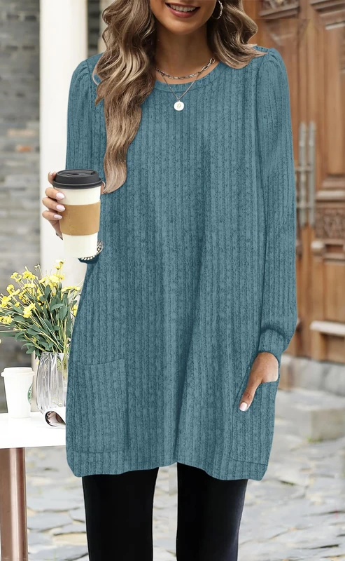 2025 New Long Sleeve Shirts for Women Long Tunic Tops with Legging Light Sweaters Dress with Pockets, Blue, X-Large