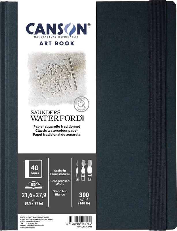 Canson Professional Book, Watercolor Paper, Fine Grain, 300gsm, Stitched Notebook, Hardcover, 8.5 x 11 Inches, White, 20 Sheets