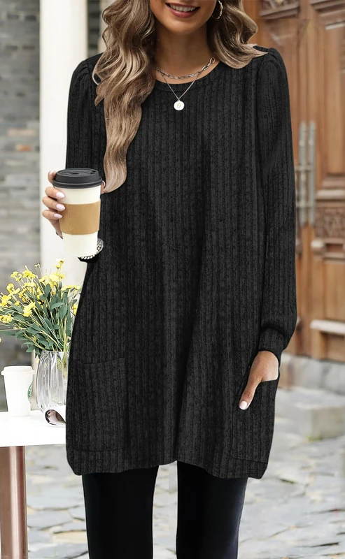 Generic Women's Long Sleeve Tunic Top with Pockets - Black, Small