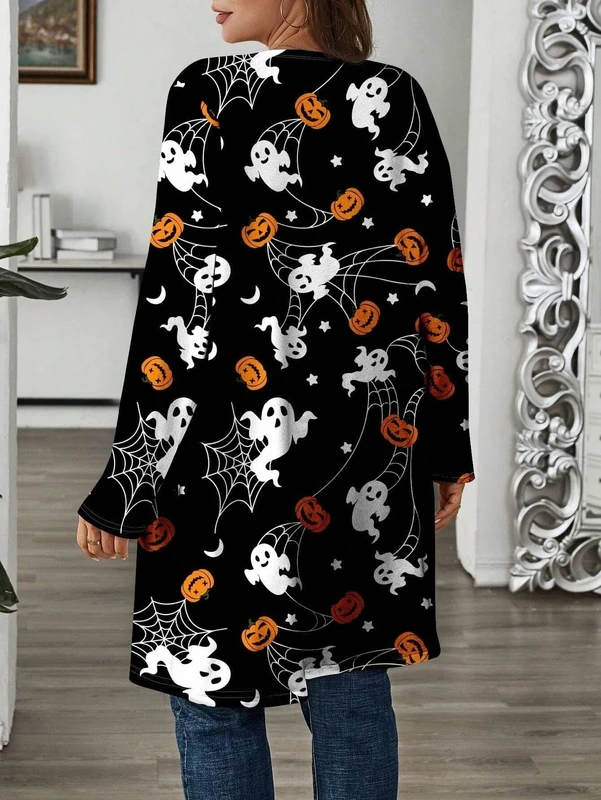 Women's Lightweight Halloween Cardigans Casual Loose Long Sleeve Vintage Fall Pumpkin Ghost Cardigan Jackets, Black, Large