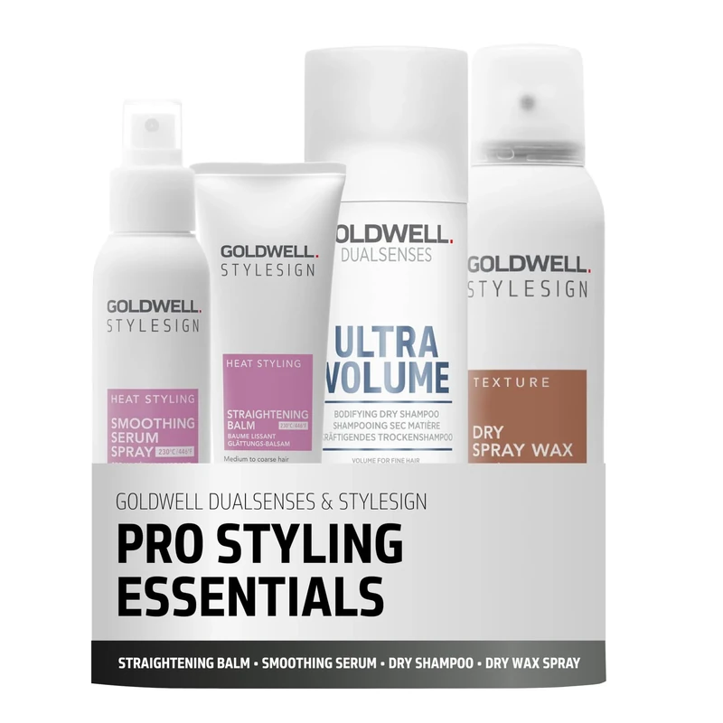 Goldwell Pro Styling Essentials including Straightening Balm, Smoothing Serum Spray, Dry Shampoo and Dry Spray Wax