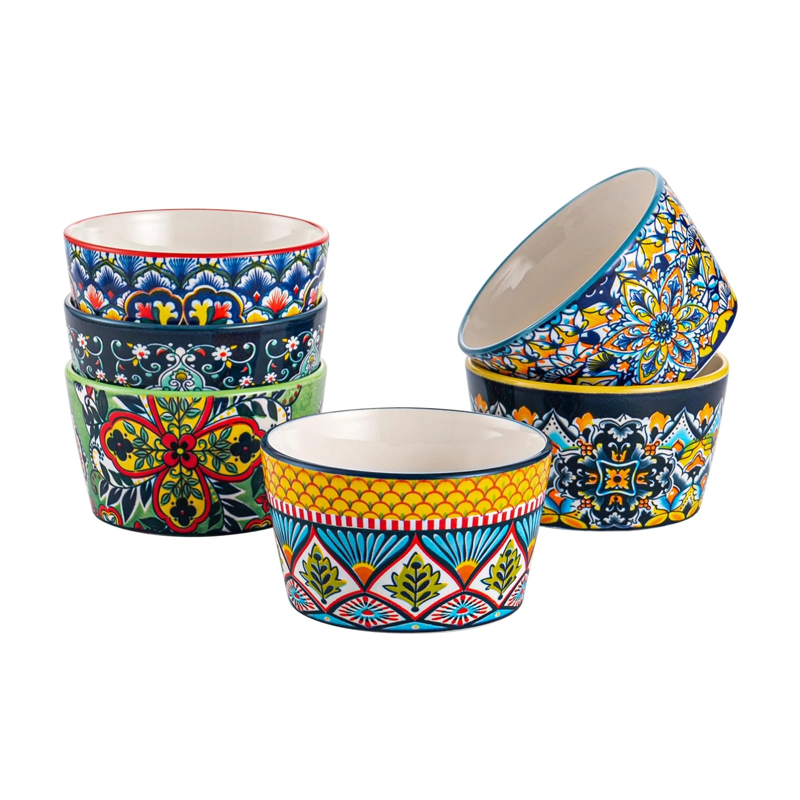 HENXFEN LEAD Soufflé Dishes Porcelain, 8oz Ramekins Set of 6, Colourful Creme Brulee Souffle Dishes for Delicious Spiced Meat, Ragout Fin, and Pudding - Bohemian Style