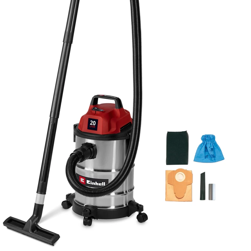 Einhell Wet and Dry Vacuum Cleaner 900W, 180 mbar suction capacity, 20 L stainless steel rollers, accessory bracket including various filters and nozzles TC-VC 2045 S