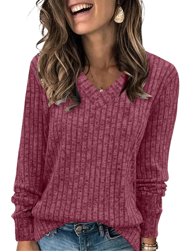 Generic V Neck Long Sleeve Women Fall Tunic Sweater - Rose Red XL