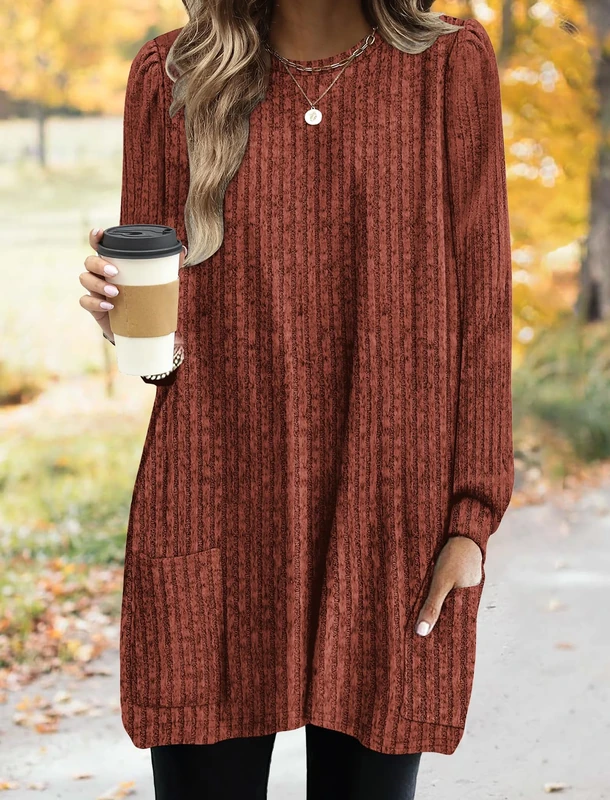 Long Sleeve Shirts for Women Long Sweaters with Pockets Tunic Tops Loose Fit, B Caramel, X-Large