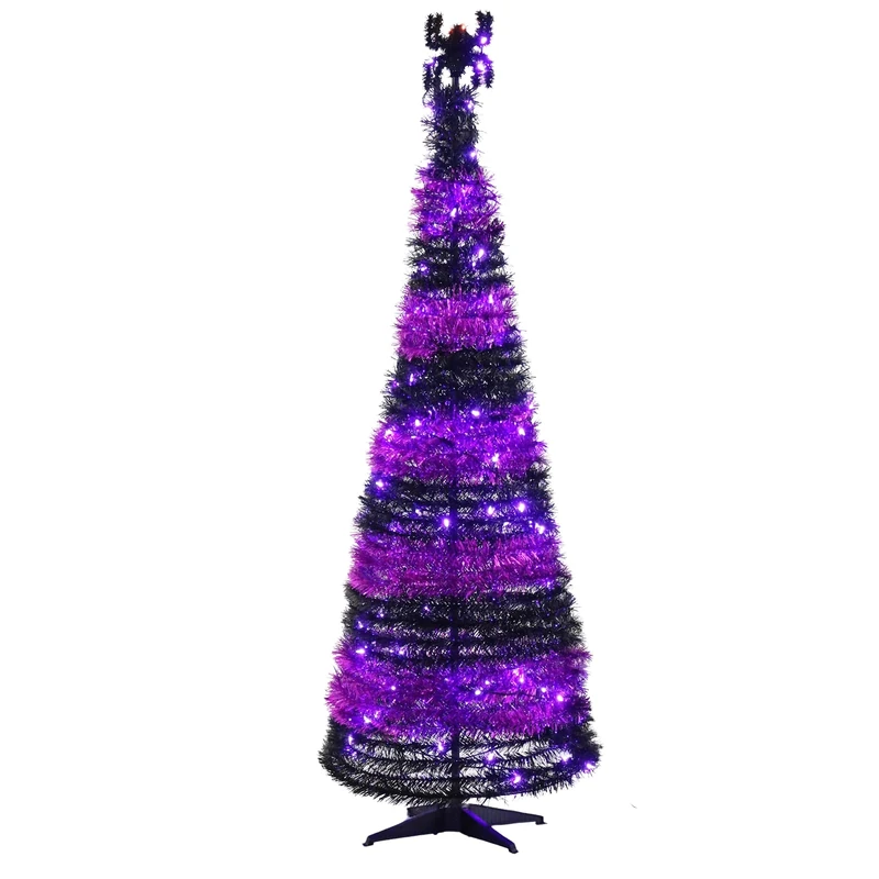 Cackle & Co 6ft Pop Up Pre-Lit Halloween Tree with 100 Warm LED Lights, Black and Purple Striped Tinsel, Spider Topper, Collapsible Frame, Easy Assembly Indoor Decoration for Halloween Parties