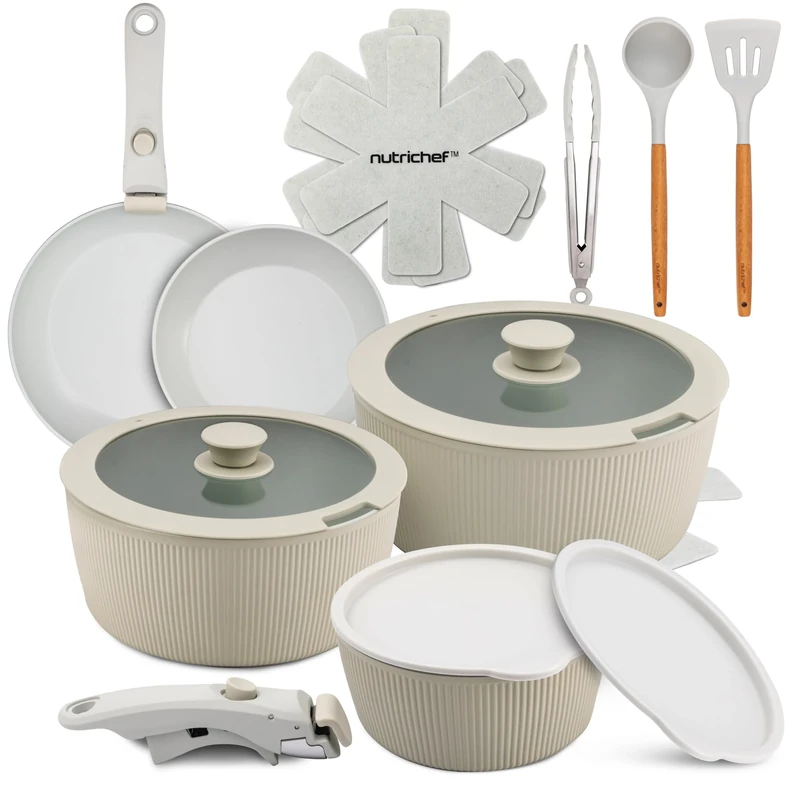 NutriChef Ceramic Pots and Pans Set with Detachable Handles – 18-Piece Stackable Non-Stick Cookware, Oven Safe, PTFE-Free, Space-Saving Cookware for Modern Kitchens, Green