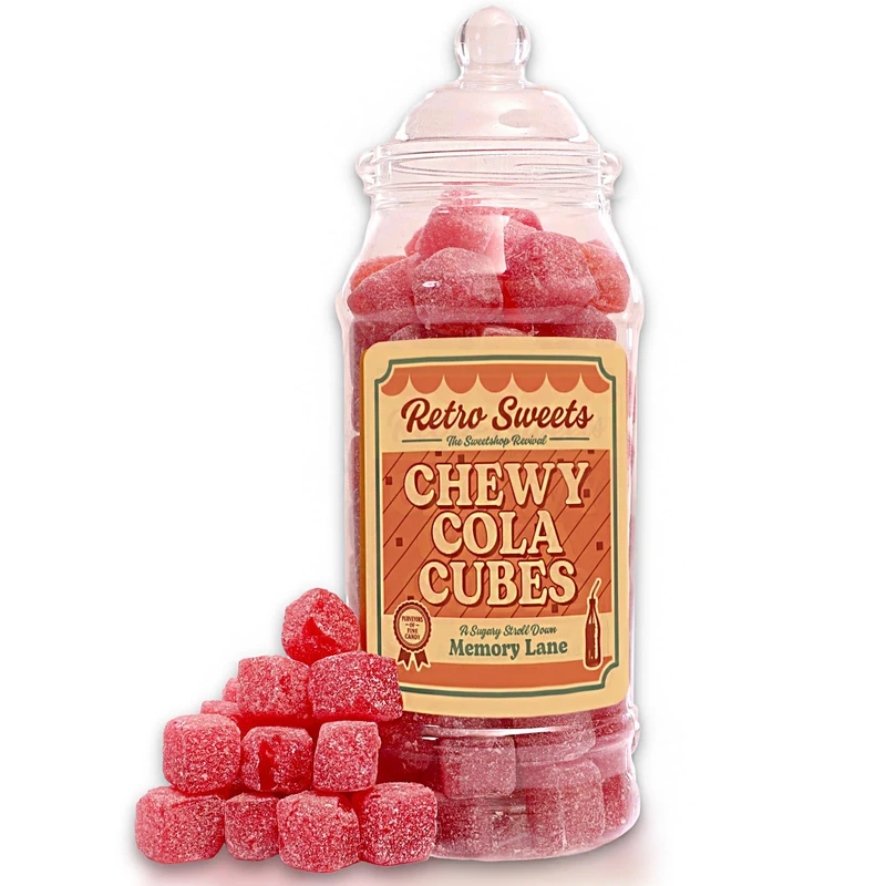 Chewy Cola Cubes Sweet Jar with Victorian Lid – Retro Classic Old Fashioned Sweets Gift – Nostalgic Fizzy Cola Cube Treat – Birthday, Christmas, Secret Santa & Father’s Day Present