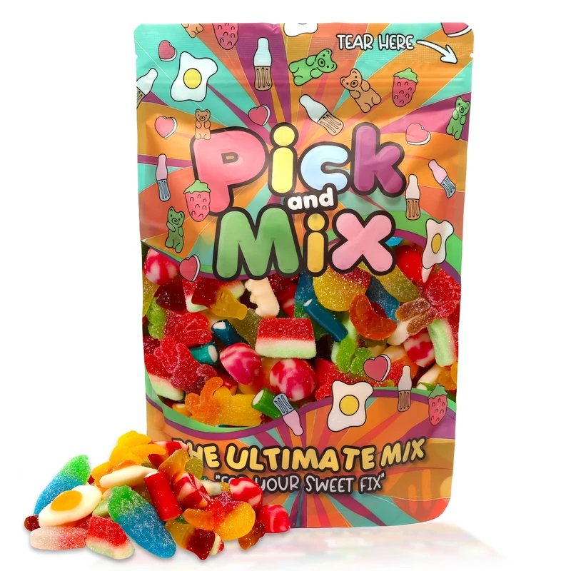 Pick & Mix Sweets – Large 1 Litre Mix Sweets Bag – Retro Fizzy & Gummy Sweet Assortment Pouch for Kids & Adults – Gift Treat Bag Chewy Jelly Mix