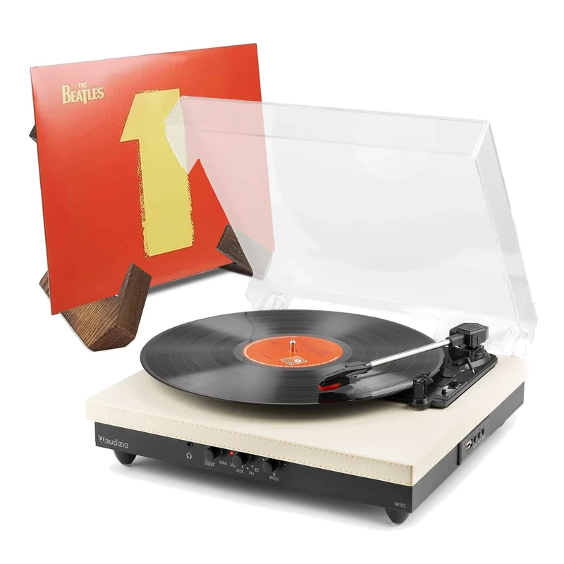 Audizio RP113C Bluetooth Vinyl Record Player with Retro Wooden Vinyl Sleeve Holder Stand - Cream PU Leather, Built-In Speakers, USB MP3 Encoder, 3-Speed Turntable, Wireless Transmitter & Receiver