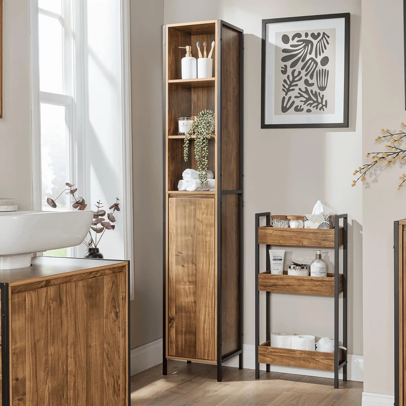 Home Source Tall Bathroom Storage Cabinet – Slim Oak-Style Tallboy with Black Metal Frame – Narrow Bathroom Unit with Shelves & Cupboard