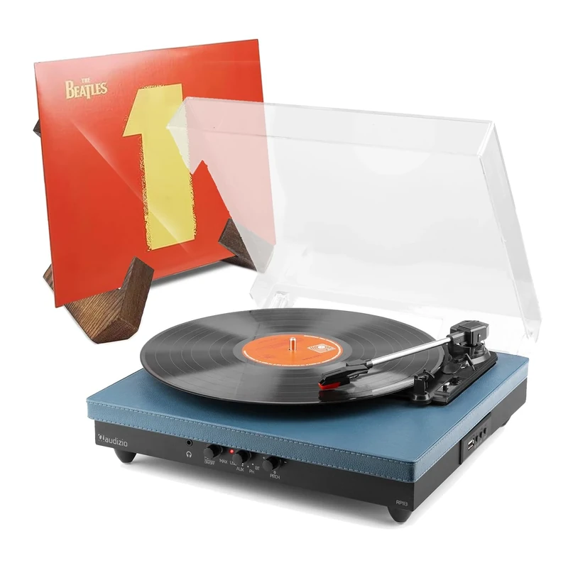 Audizio RP113D Bluetooth Vinyl Record Player with Built-in Stereo Speakers and Wooden Desktop Vinyl Holder Stand, USB MP3 Encoding, Dark Blue Finish