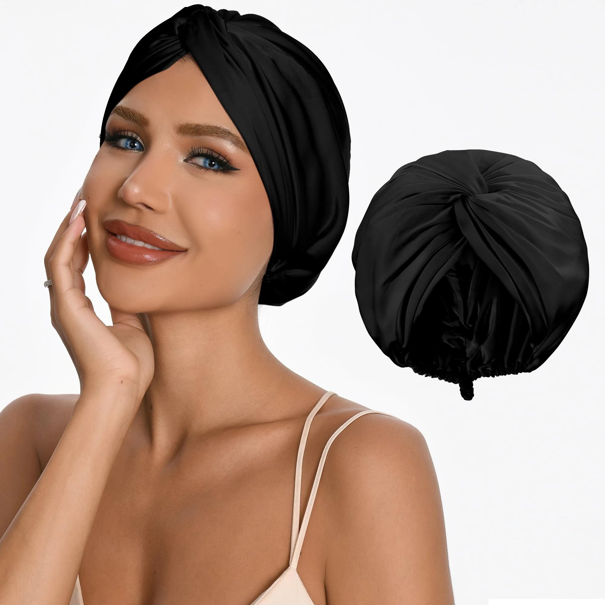 Adjustable Silk Satin Hair Bonnet for Sleeping Women with 5% Mulberry Silk – Double Layer Hair Cap for Women, Extra Smooth Night Cap for Curly, Braided, Natural Hair – Silk Shower Cap (Black)