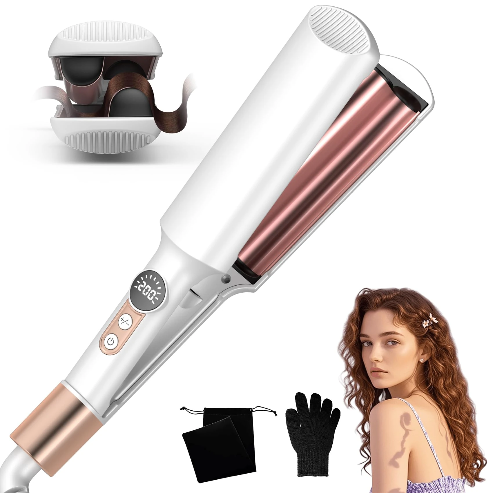 UKLISS Hair Waver Crimper - Mini Wave Curling Iron, Mermaid Waver for Wavy Hair, Pro Beach Waves Hair Curler with 5 Adjustable Temps (250-400°F) | Lightweight & Compact Size | Double Voltage - White