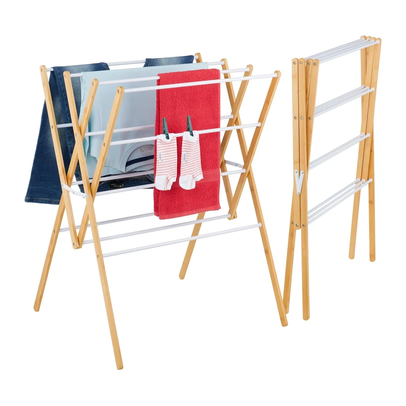 Relaxdays foldable dryer, 12 rods, HxWxD: 93 x 70 x 62 cm, bamboo, metal, tower airer, natural/white