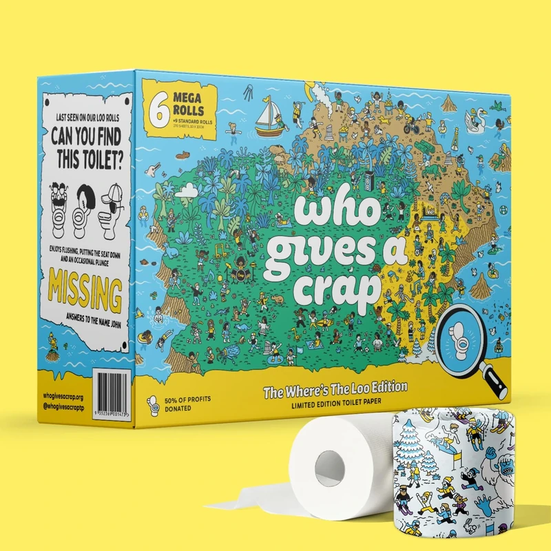 Who Gives A Crap Where's The Loo Edition - Premium Bamboo, Twice as Long, Toilet Roll, Box of 6 (3-Ply, 270 Sheets) - Soft, Strong, Sustainable