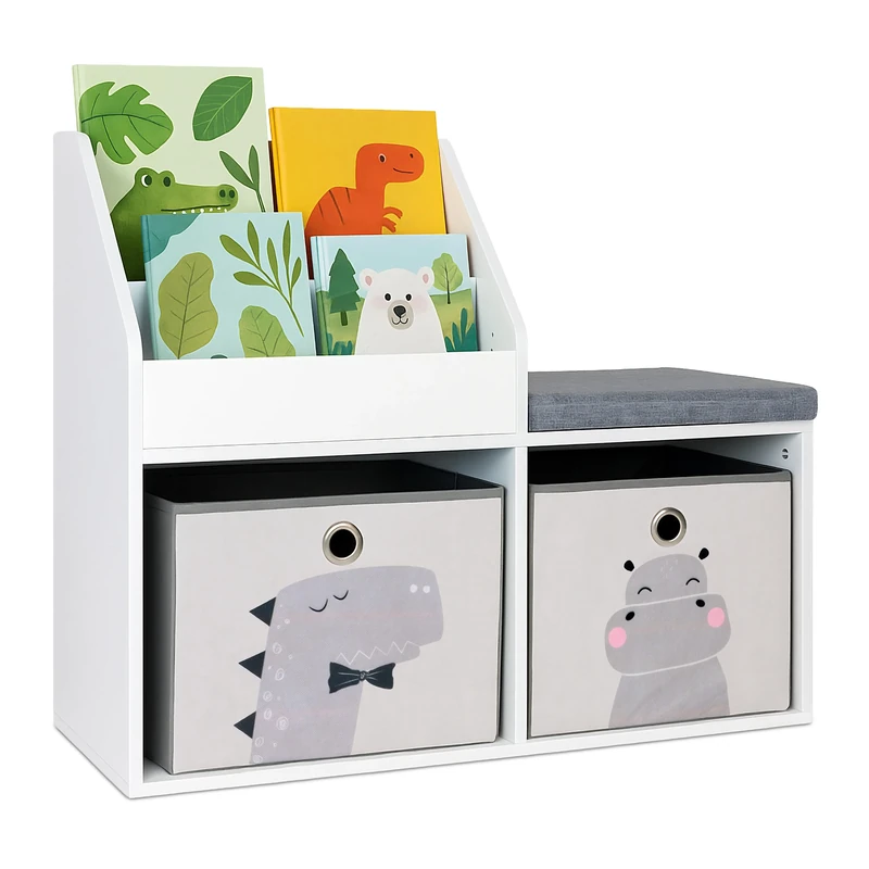 Relaxdays children's bench with storage, HWD: 72 x 79 x 31 cm, 2 foldable boxes, bookshelf, padded seat, white/grey, Fibreboard, Polyester, Foam