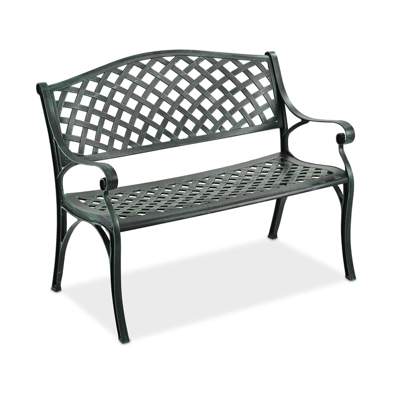 Relaxdays patio bench, 2-seater, HxWxD: 82 x 102 x 60 cm, cast aluminium, antique style, garden, balcony, black/green