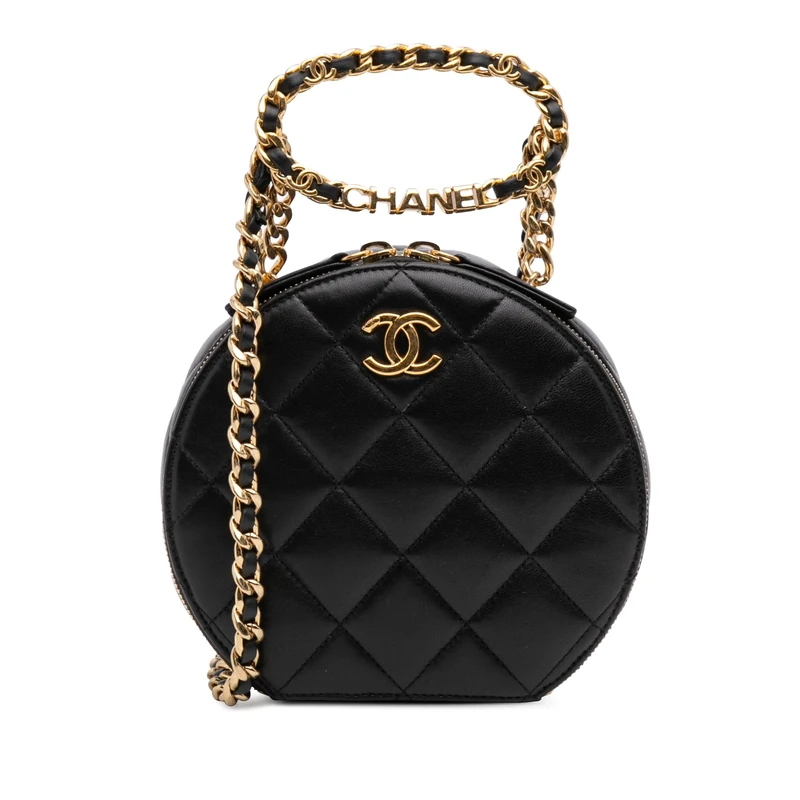 Pre-Loved Quilted Lambskin Oval Logo Chain Top Handle Round Clutch On Handbag
