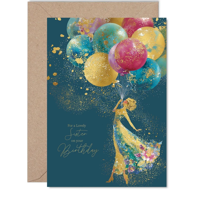 Gold Sister Birthday Card - Elegant Silhouette Balloons - Happy Birthday Card for Sister from Brother Sibling, 5x7 Inch Golden Luxury Floral Dress Bday Greeting Cards