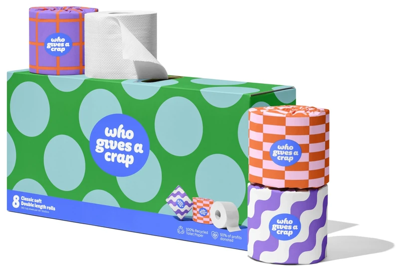 Who Gives A Crap – 100% Recycled, Twice as Long, Toilet Roll, Box of 8 (3-Ply, 360 Sheets) - Soft, Strong, Sustainable