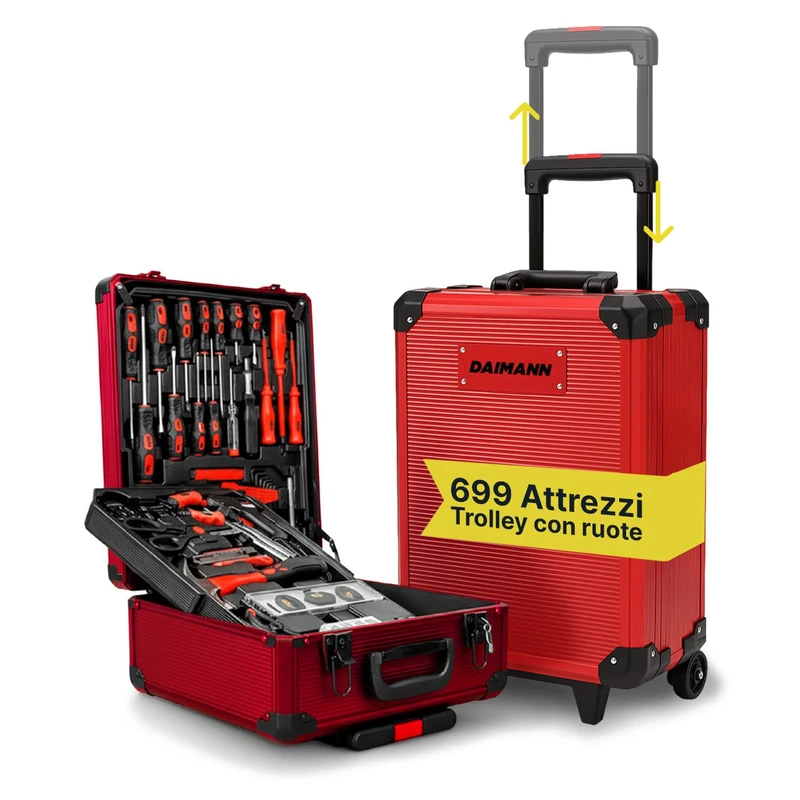 Wintem - CraftyCart Tool Trolley 699 Pieces with Organising Trays and Telescopic Handle, Compact Box for Professional and Home Use, Durable Steel Tools (Red) - Image 1