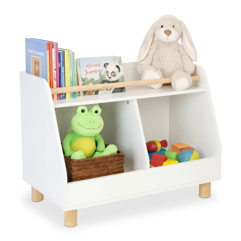 Relaxdays Small Children's Shelf, 2 Open Compartments, Large Shelf, HxWxD: 52 x 72 x 38 cm, Toy Storage, White/Natural