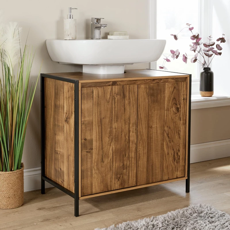 Home Source 2 Door Under Basin Bathroom Cabinet – Oak-Style Storage Unit with Black Metal Frame – Under Sink Cupboard with Shelf