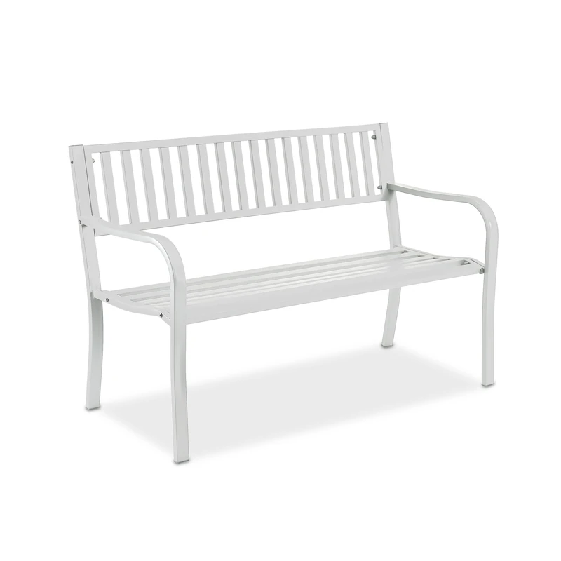 Relaxdays 2-Seater Garden Bench, HxWxD: 82 x 127.5 x 59.5 cm, Steel, for Garden, Terrace, Balcony, Park, White