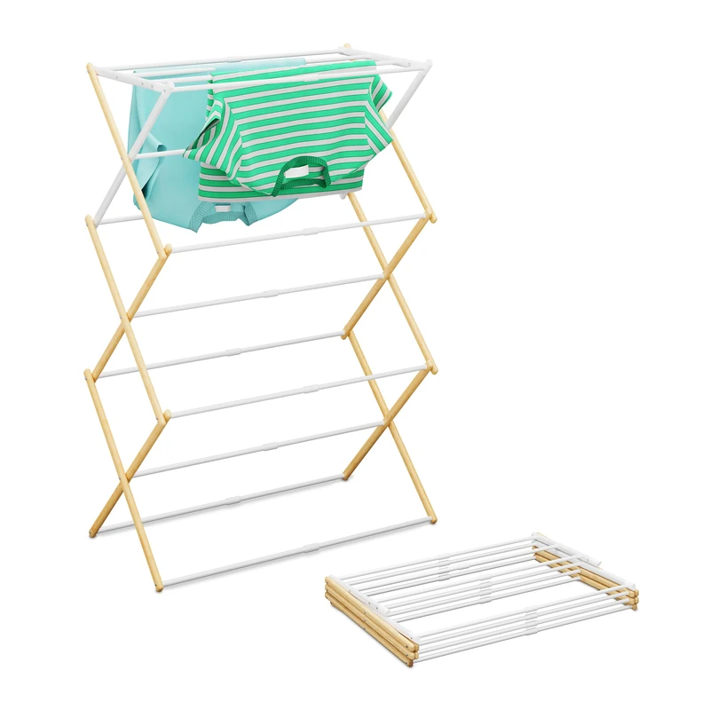 Relaxdays folding, extendable clothes dryer, 11 rods, HxWxD: 107 x 43–74 x 37 cm, bamboo & metal, natural/white