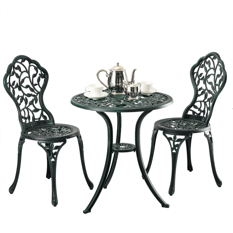 Relaxdays 3-Piece Garden Furniture Set, Table & 2 Chairs, Cast Aluminium, Balcony Set with Leaf Design, Green - Image 1