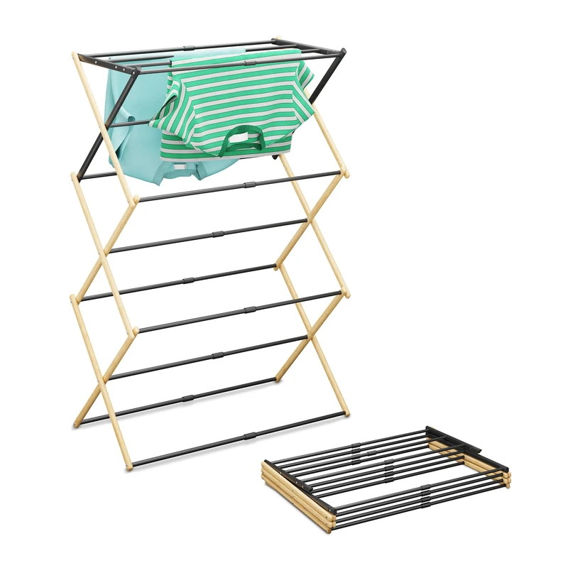 Relaxdays folding, adjustable drying rack, 11 rods, HxWxD: 107 x 43–74 x 37 cm, bamboo & metal, natural/black