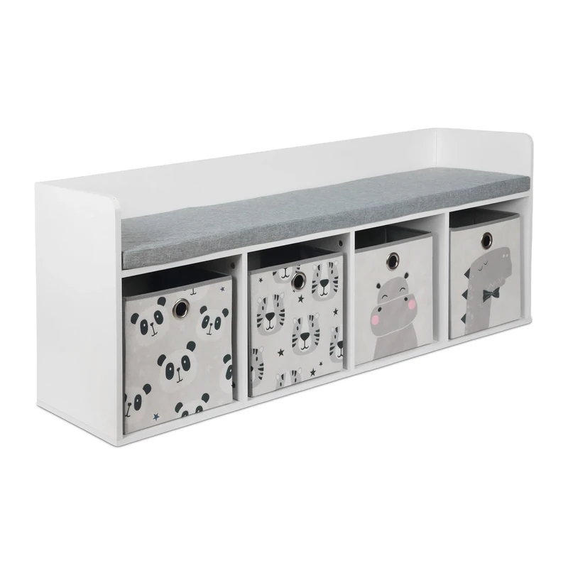 Relaxdays children's storage bench, HxWxD: 54 x 142 x 32 cm, reading seat with 4 boxes, animal designs, white/grey.