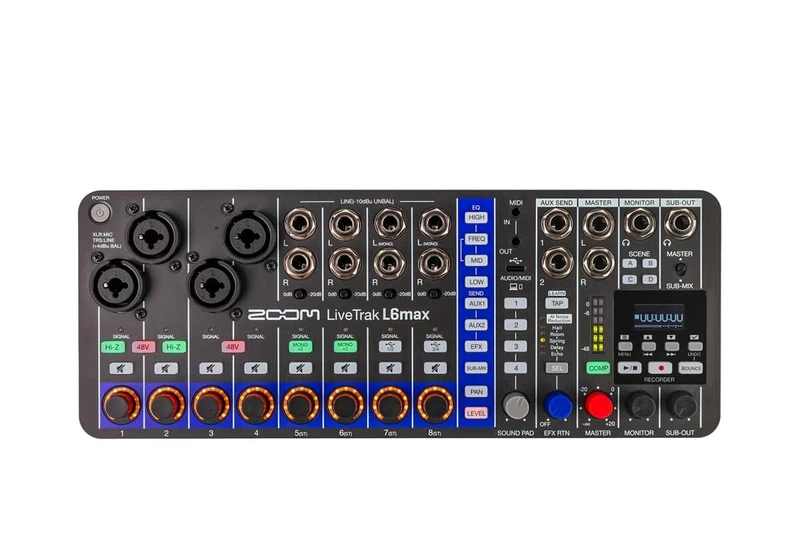 ZOOM LiveTrak L-6max Portable 12-Track Digital Mixer, Multitrack Recorder and Audio Interface for Bands, Live Streaming and Studio, 32-bit, XLR-TRS, AI Noise Cancellation, OLED, Effects