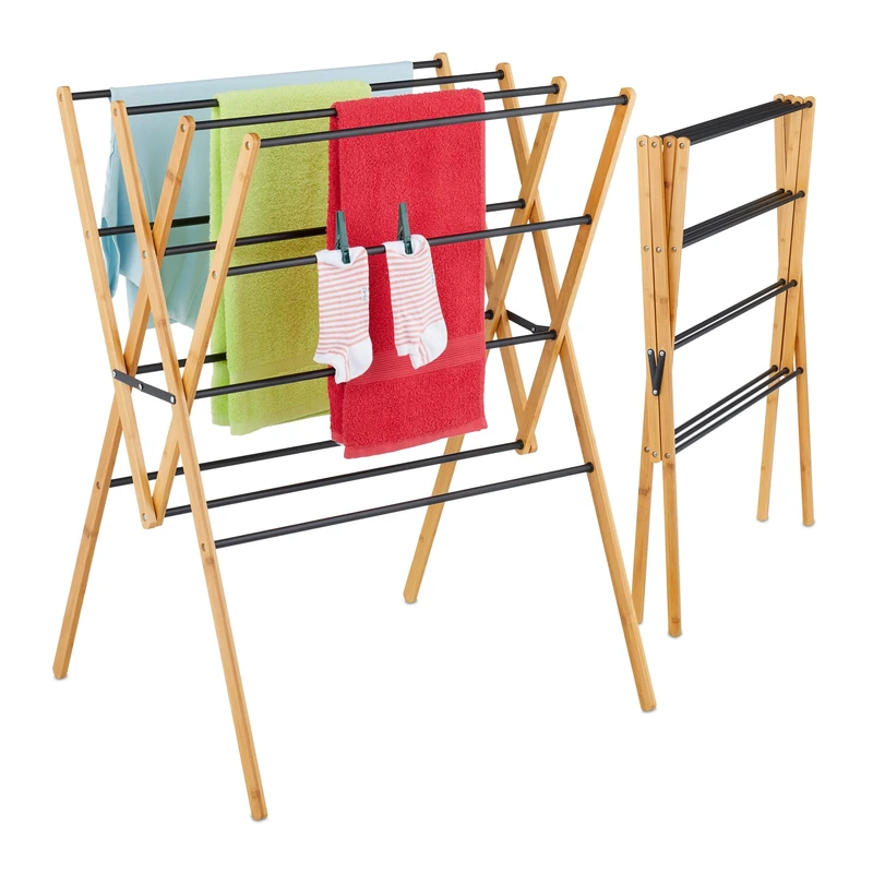 Relaxdays folding airer, 12 rods, HxWxD: 93 x 70 x 62 cm, bamboo, metal, compact design, natural/black