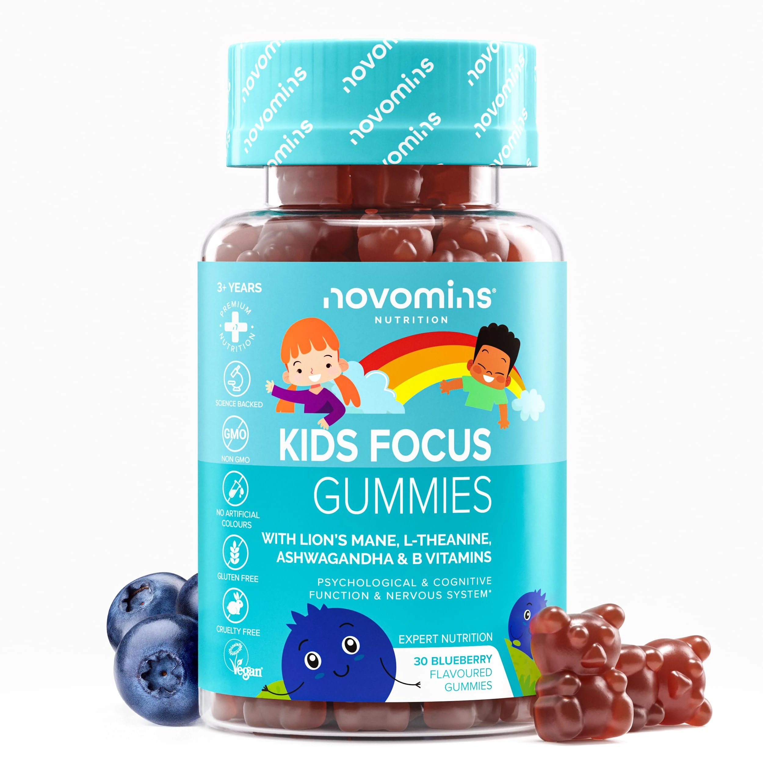 Kids Focus Gummies – Nootropic High Strength Brain Supplement for Children – 9 Focus, Energy, Positive Mood Vitamins– Lions Mane, Ginseng, B12, Iodine – Vegan - by Novomins