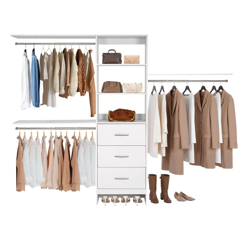 VEVOR Closet System with 3 Drawers, Adjustable Height Wooden Closet Organizers, Modern Walk-in Wardrobe Organization with 3 Retractable Clothes Hanger Rods, Freestanding Garment Rack Storage, White