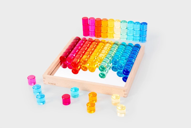 tickit Gem Circles with Mirrored Wooden Tray – 100 Colourful Acrylic Gems for Sensory Play, Colour Sorting, Pattern Making & Early Years Learning pieces