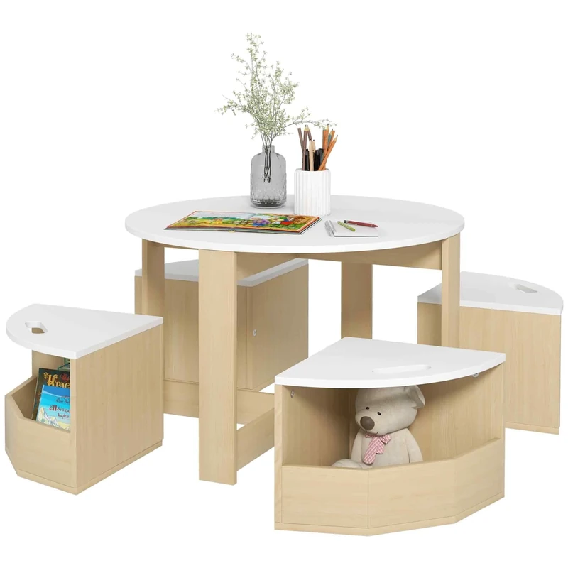 AIYAPLAY Kids Table and Chairs Set, Five-Piece Childrens Table and Chair Set with Storage, Children Activity Table for Ages 3-8 Years, White