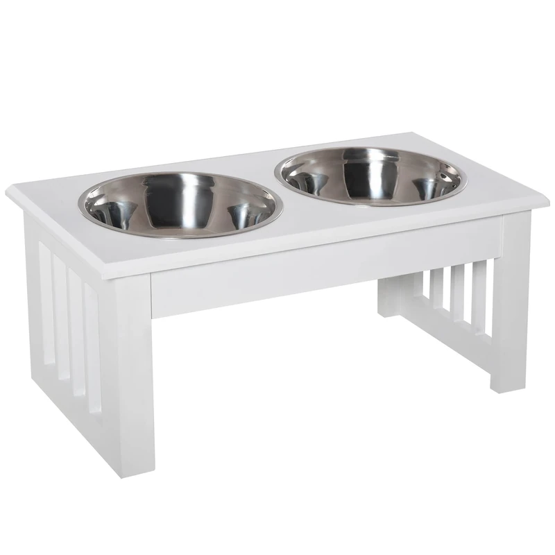 PawHut Raised Dog Bowl Feeding Bowl with 2 Bowls Water Bowl 2 x 900 ml Stainless Steel Bowls Feeding Station Dog Bowls for Small Dogs Cats White - Image 1