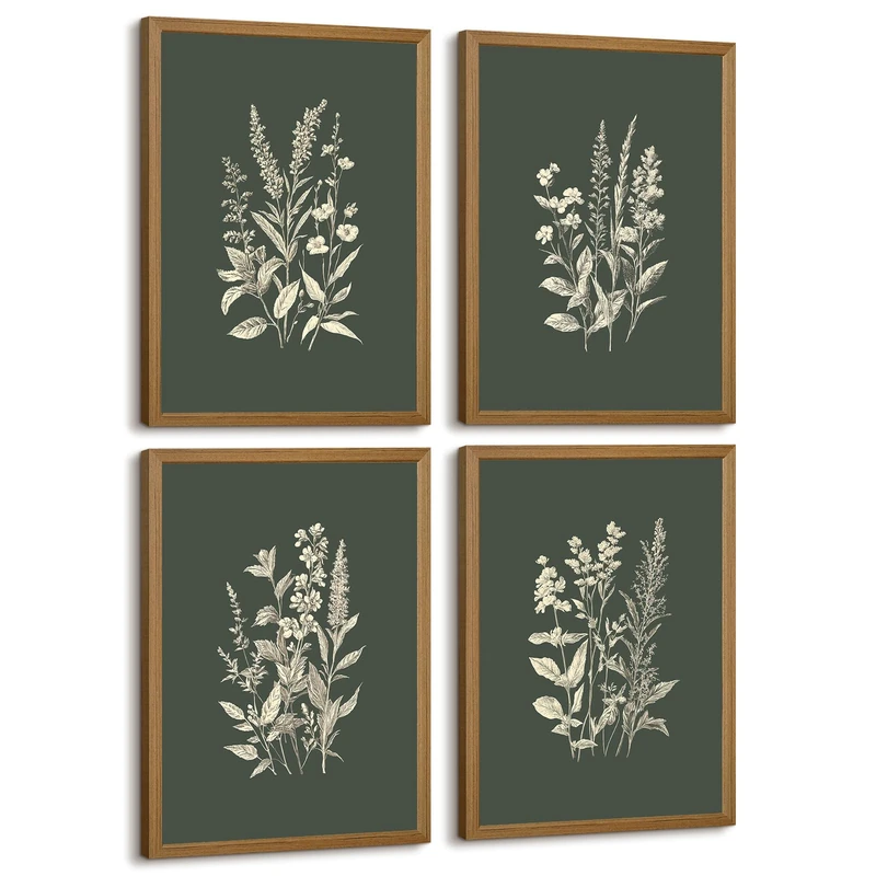 Vintage Floral Wall Art Botanical Flower Canvas Wall Decor Vintage Plant Prints Rustic Floral Pictures Botanical Painting Flower Poster Artwork for Living Room Bedroom 12x16 Inch Wood Framed Set of 4